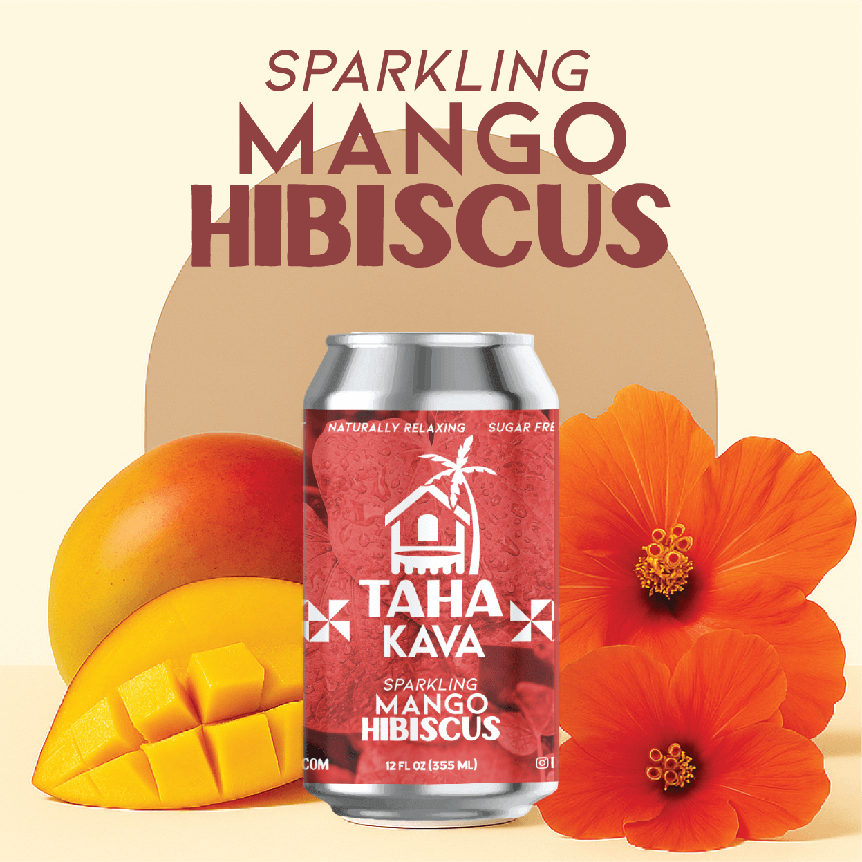 Mango Hibiscus sparkling kava with tropical fruit garnish