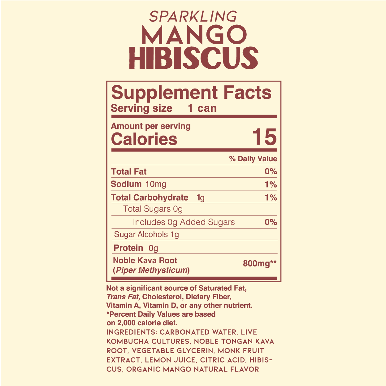 Mango Hibiscus sparkling kava nutrition and supplement label